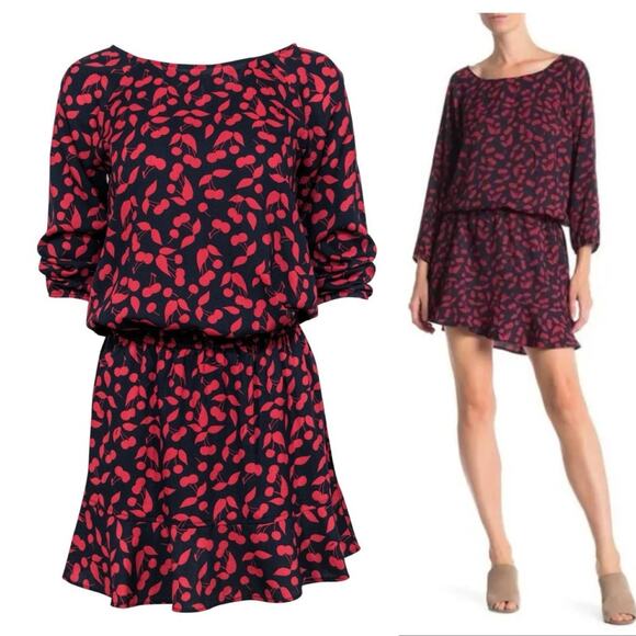 Joie Arryn B Elastic Drop Waist Cherry Print Fruits Blouson Mini Dress Floral S - Picture 1 of 10